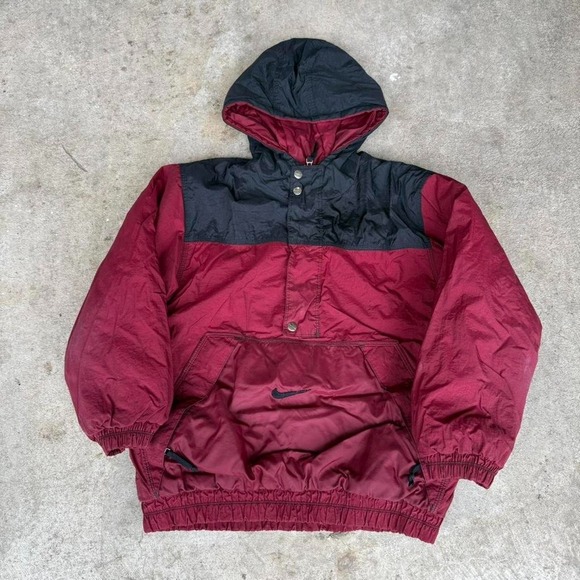 Vintage 90's Nike Puffer Hooded Jacket Burgundy Black Streetwear Medium - Picture 2 of 8